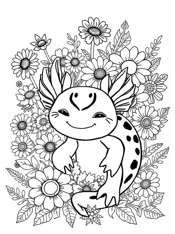 axolotl surrounded by flowers