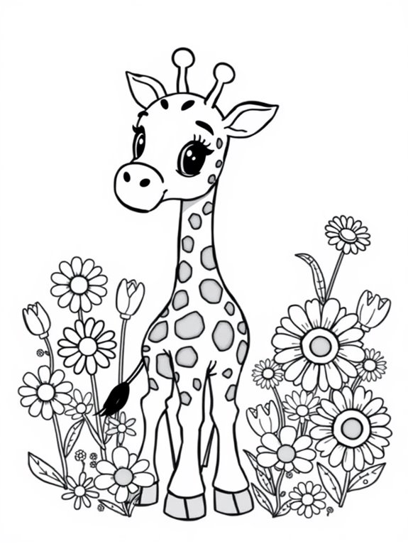 baby giraffe surrounded by flowers