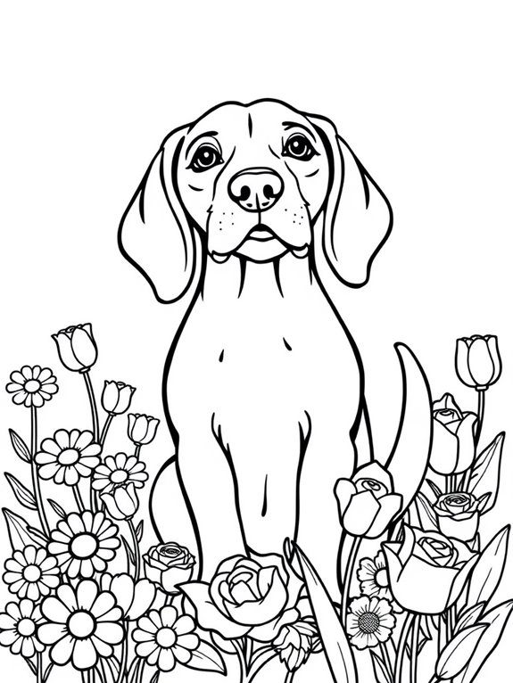 beagle in flower garden