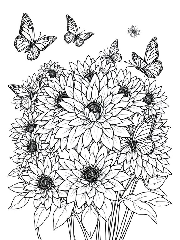 butterflies among chrysanthemums coloring page