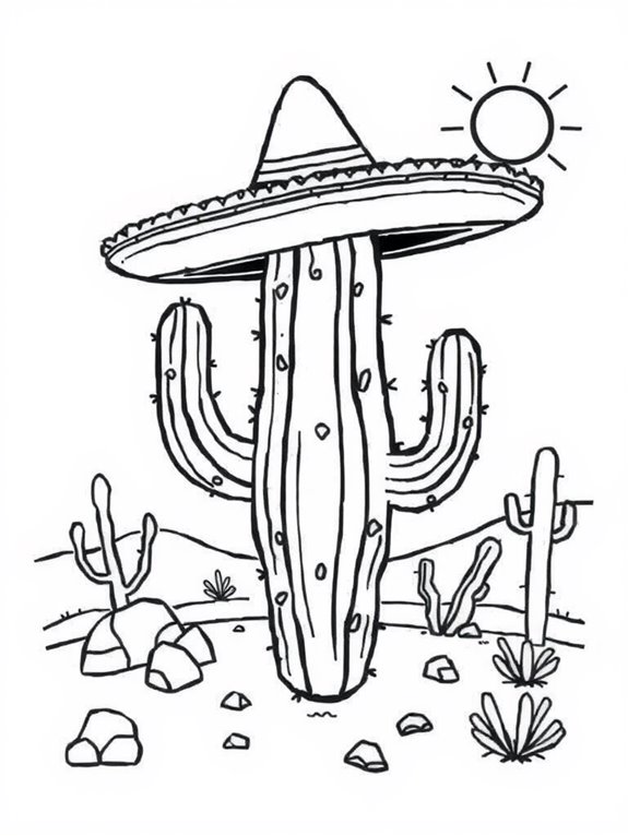 cactus wearing sombrero coloring page