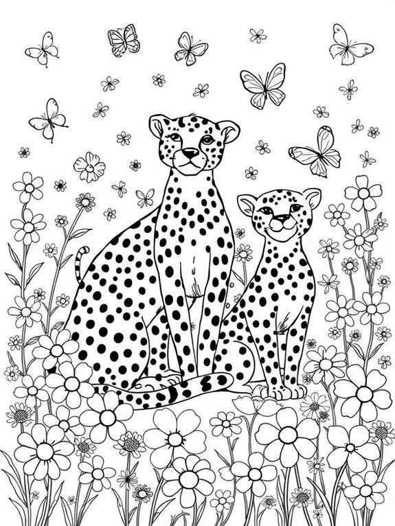 cheetahs among flowers and butterflies