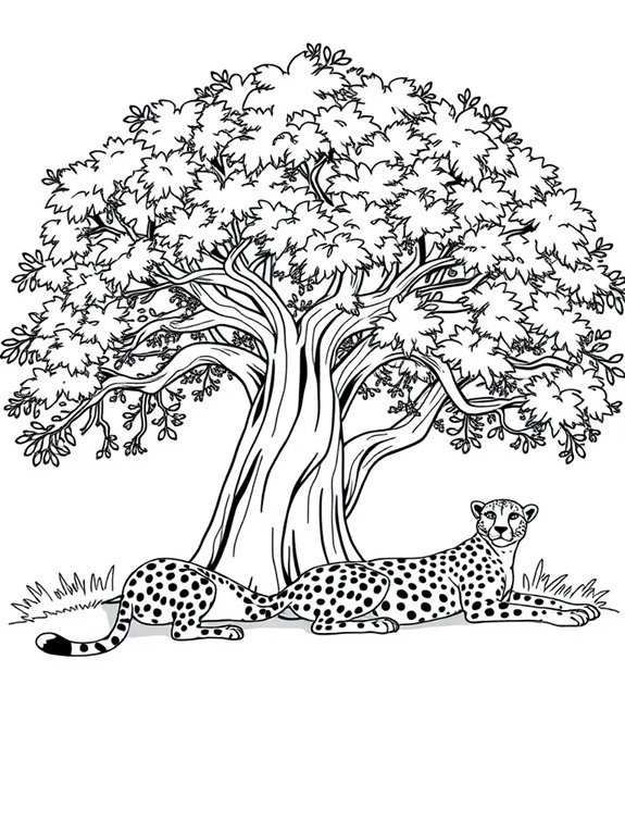 cheetahs relaxing beneath tree