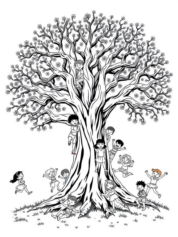 children playing around tree