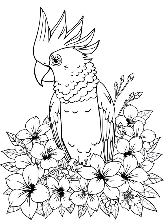 cockatoo surrounded by flowers