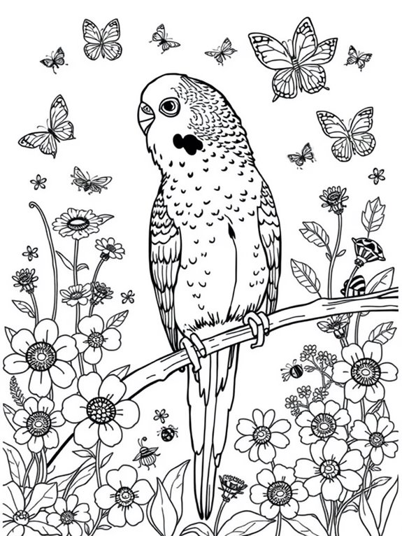 colorful budgerigar garden scene