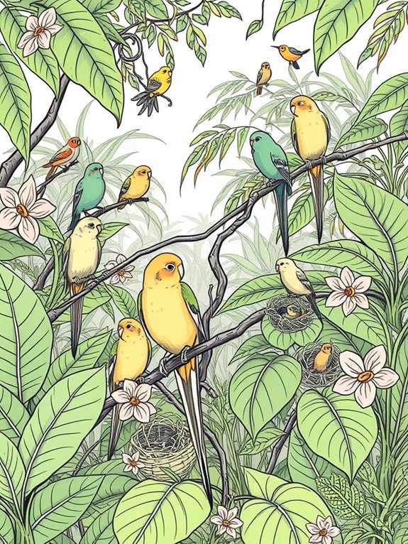 colorful budgerigar jungle scene