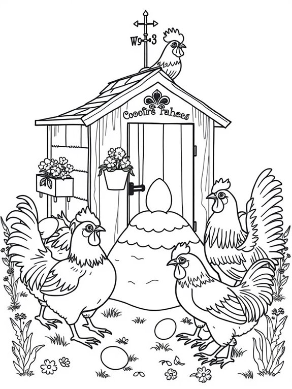 colorful chickens and coop