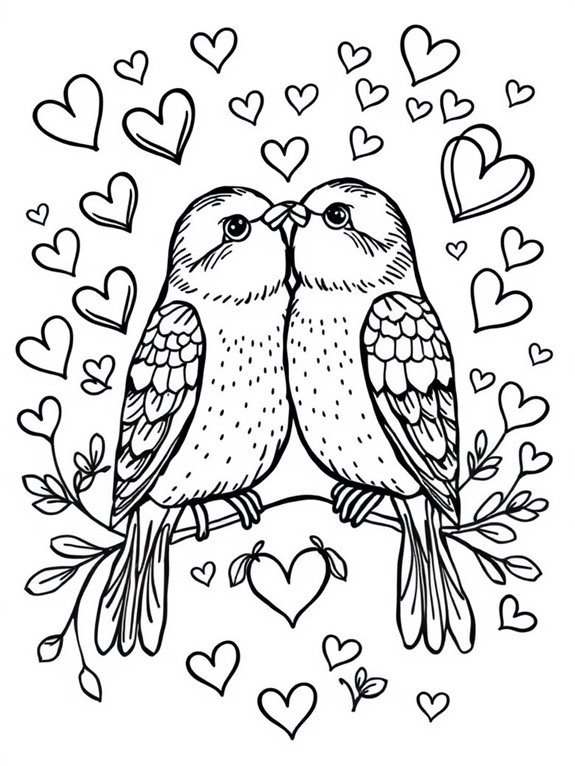 colorful lovebirds with hearts