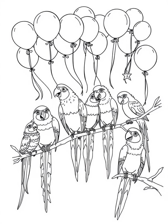 colorful parrots with balloons