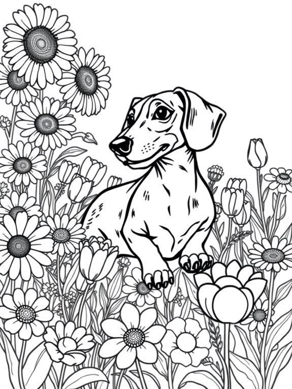 dachshund surrounded by flowers