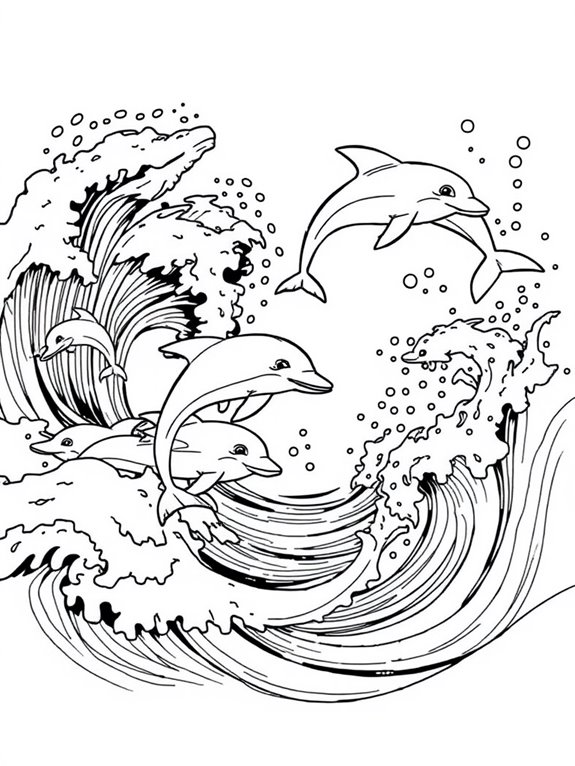 dolphins surfing ocean waves