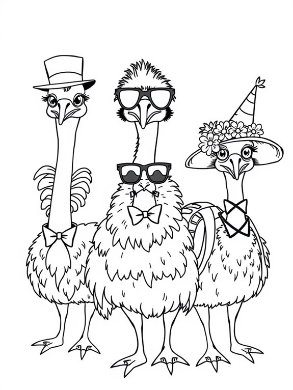 emus wearing fun accessories