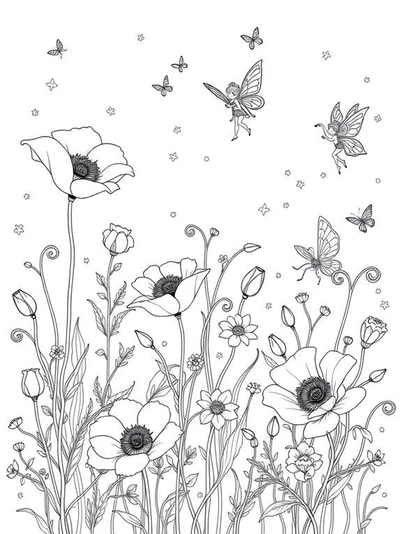 fairy themed poppies coloring page