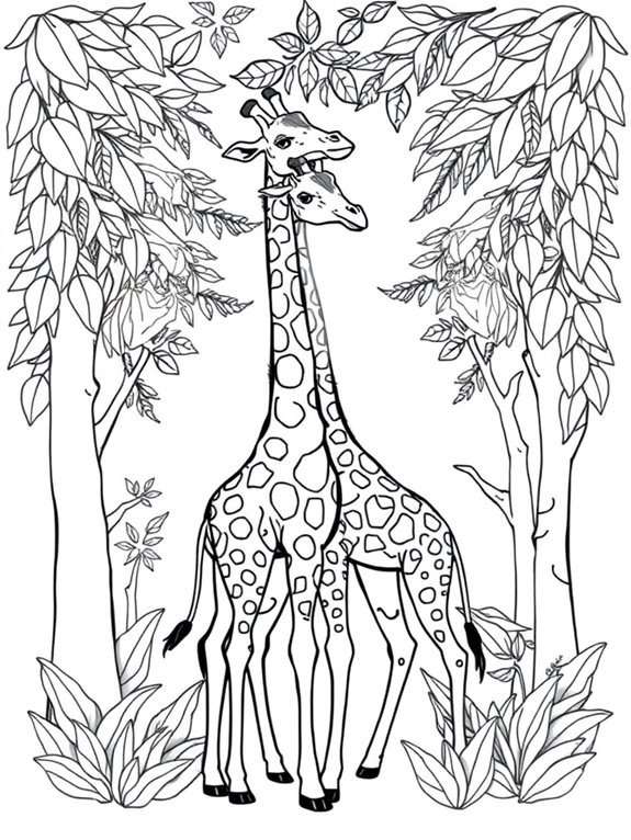 giraffes with leafy background