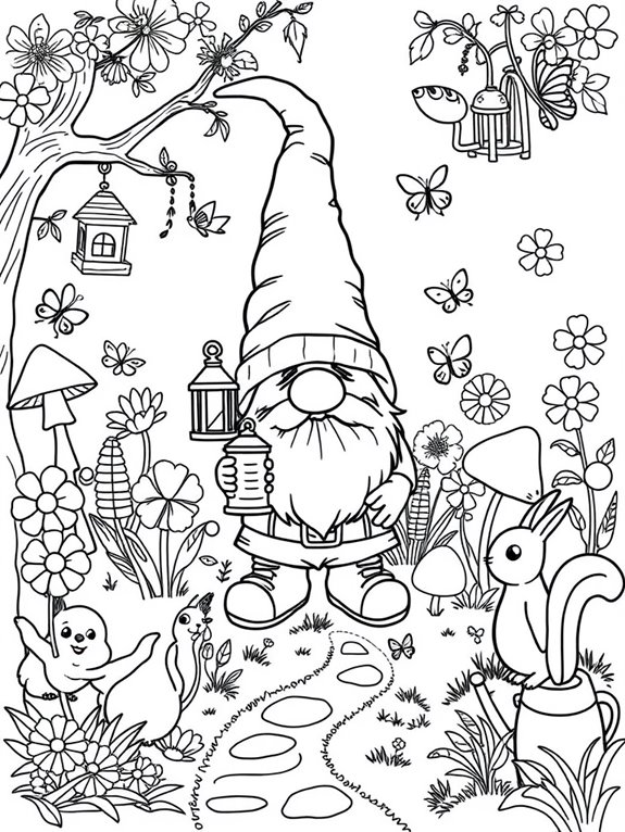 gnome exploring whimsical garden