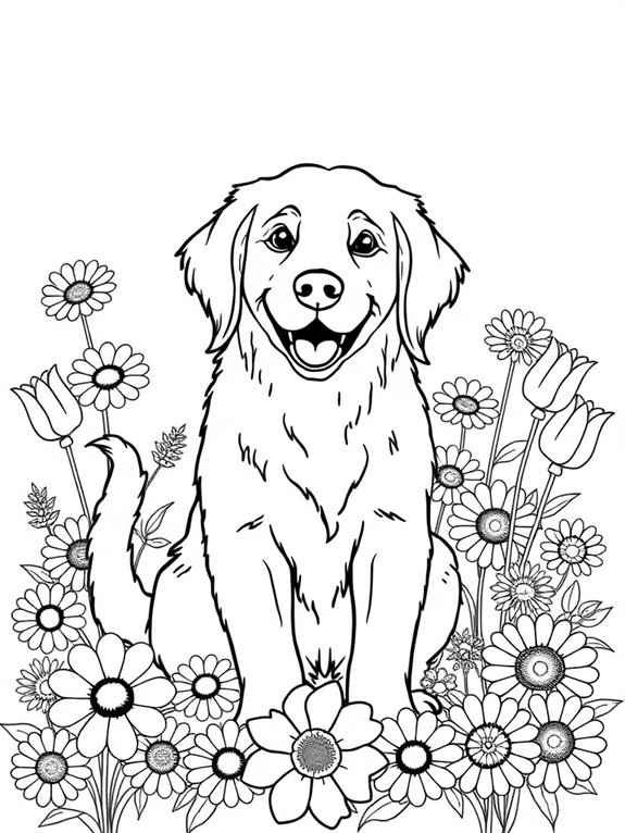 golden retriever floral scene