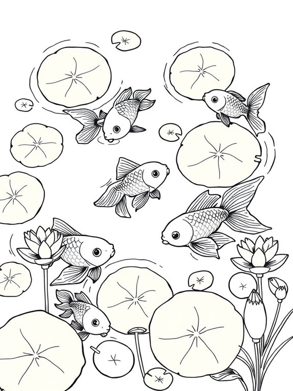 goldfish swimming among lilies