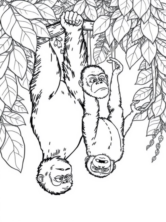 gorillas swinging on vines