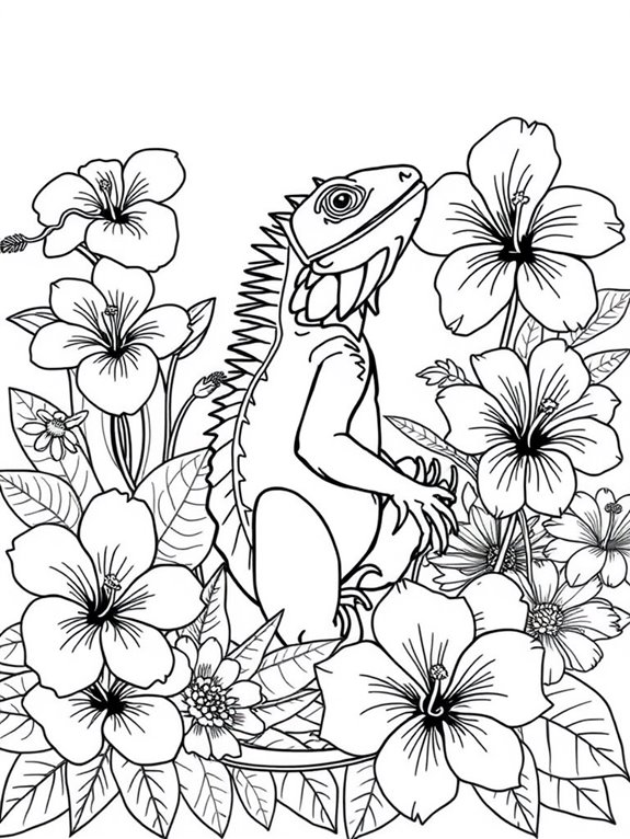 iguana surrounded by flowers