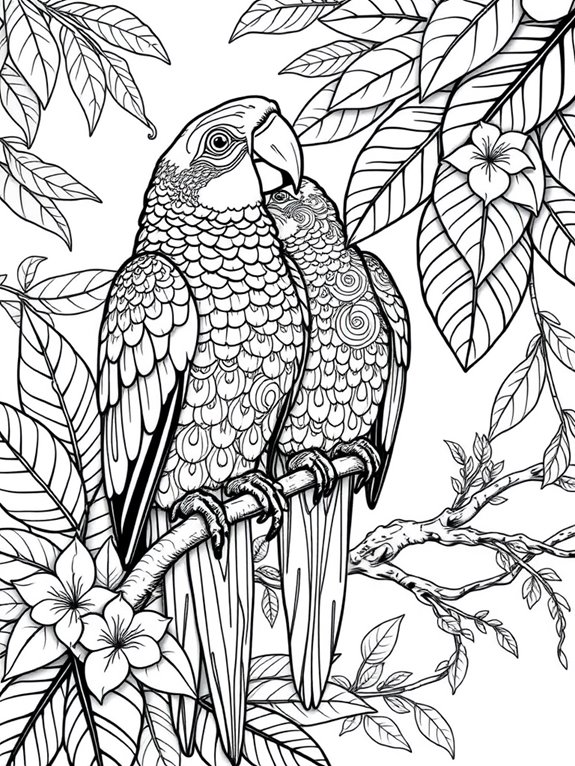 intricate parrots coloring page