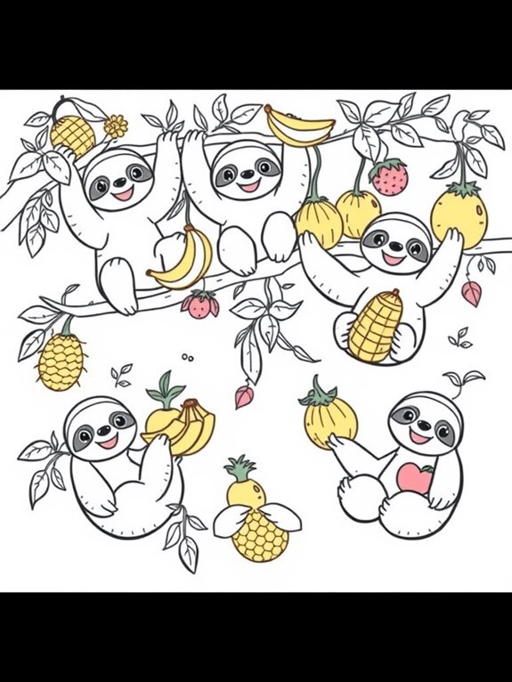 joyful sloths surrounded by fruit