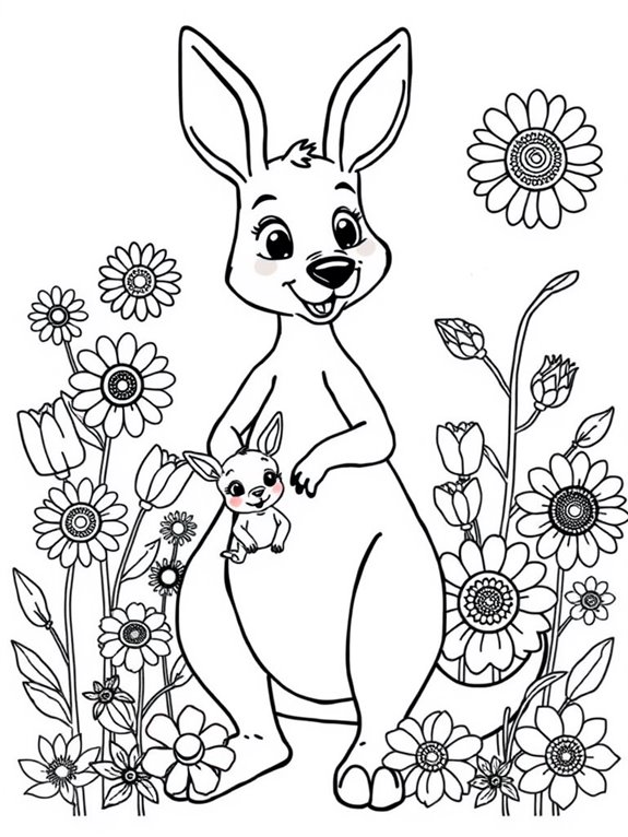 kangaroo surrounded by flowers