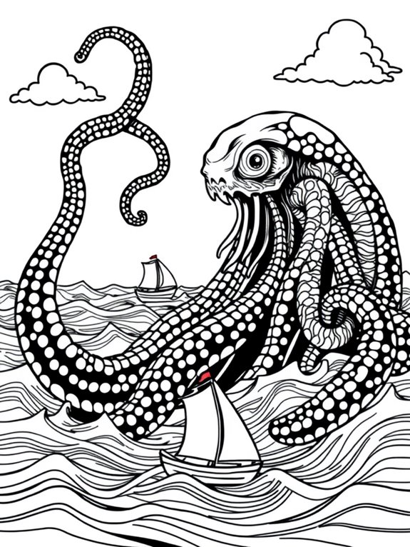 kraken and sailboats illustration