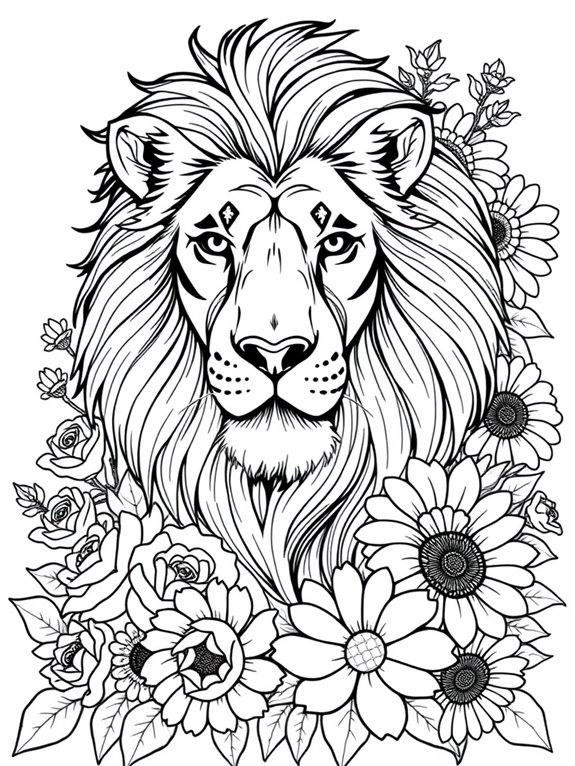 lion surrounded by flowers