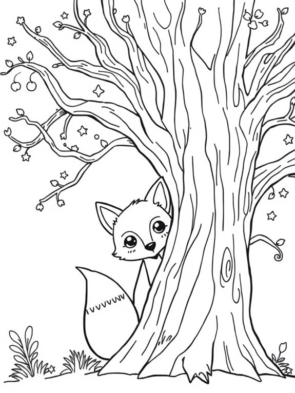 magical fox behind tree