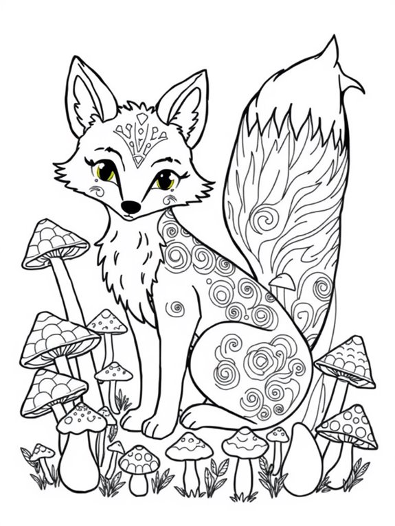 magical fox with mushrooms