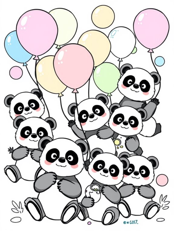 pandas holding colorful balloons