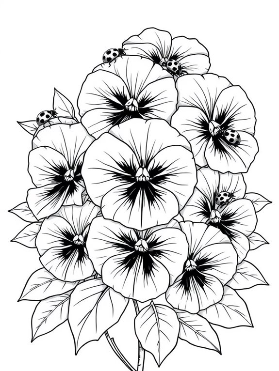 pansies and ladybugs coloring page