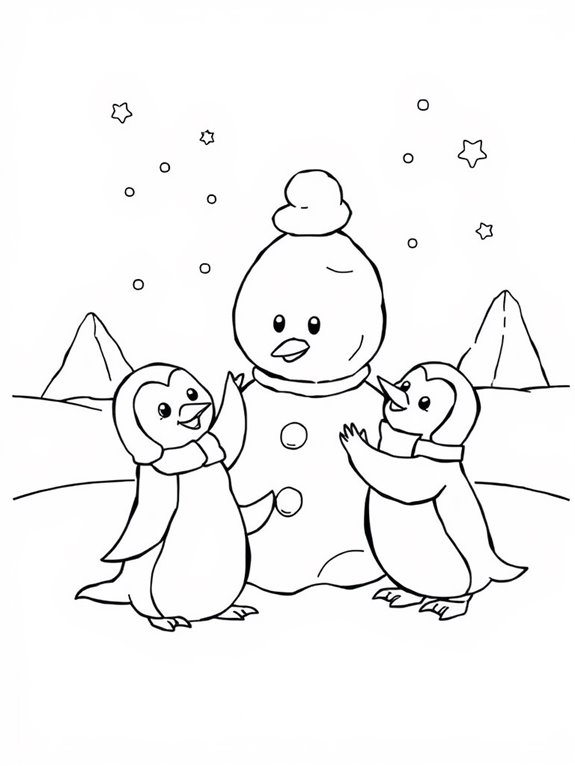 penguins creating a snowman