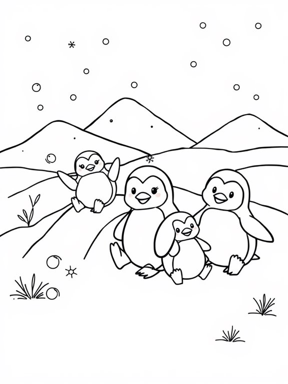 penguins frolicking in snow