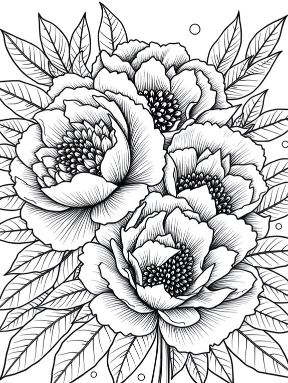 peonies with intricate designs