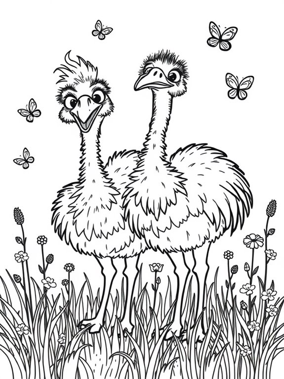 playful emus in grass