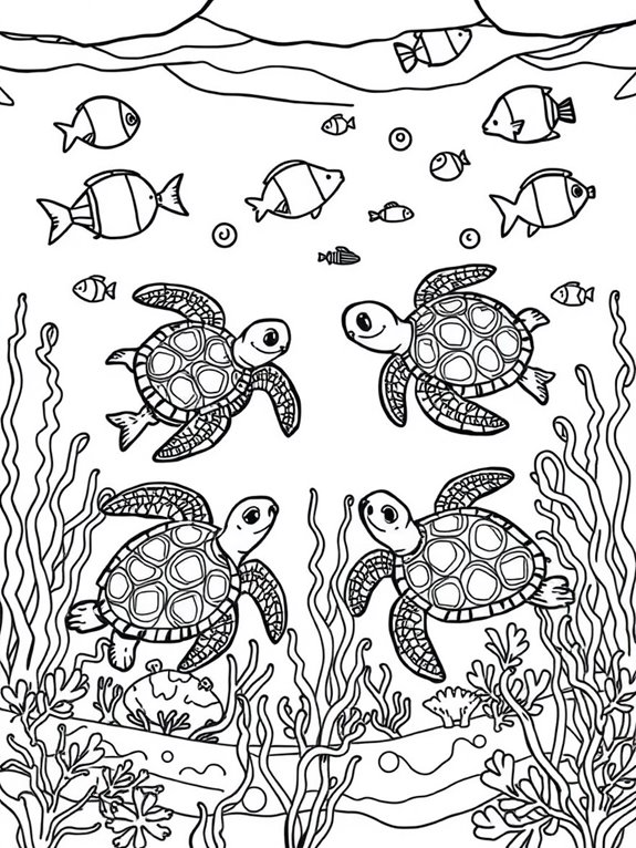 playful turtles swimming with fish