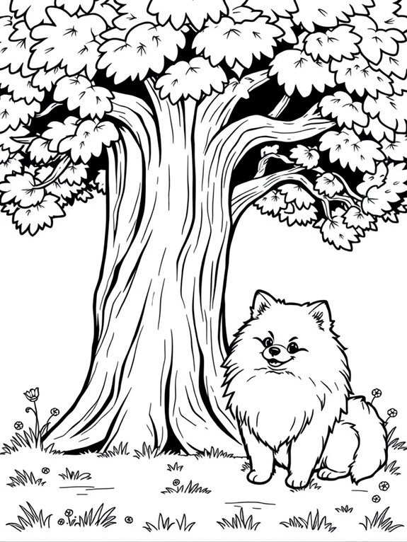 pomeranian by a tree