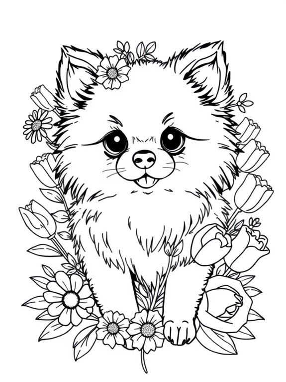 pomeranian surrounded by flowers