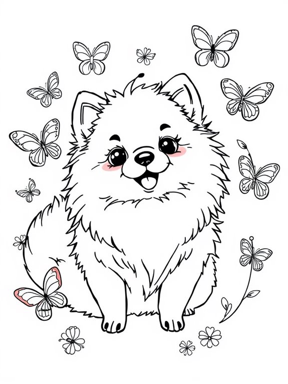 pomeranian with butterfly friends