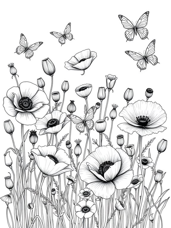 poppies and butterfly coloring