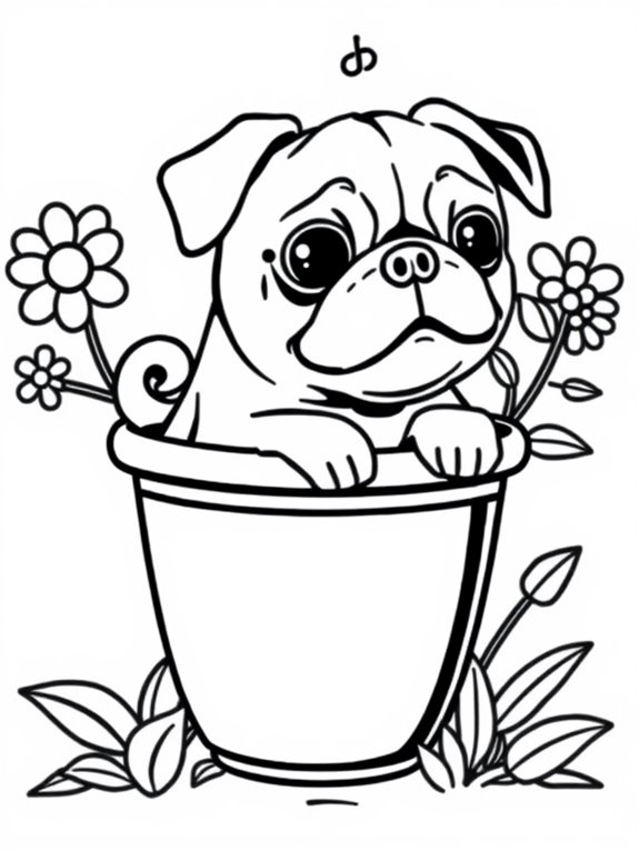 pug in flower pot