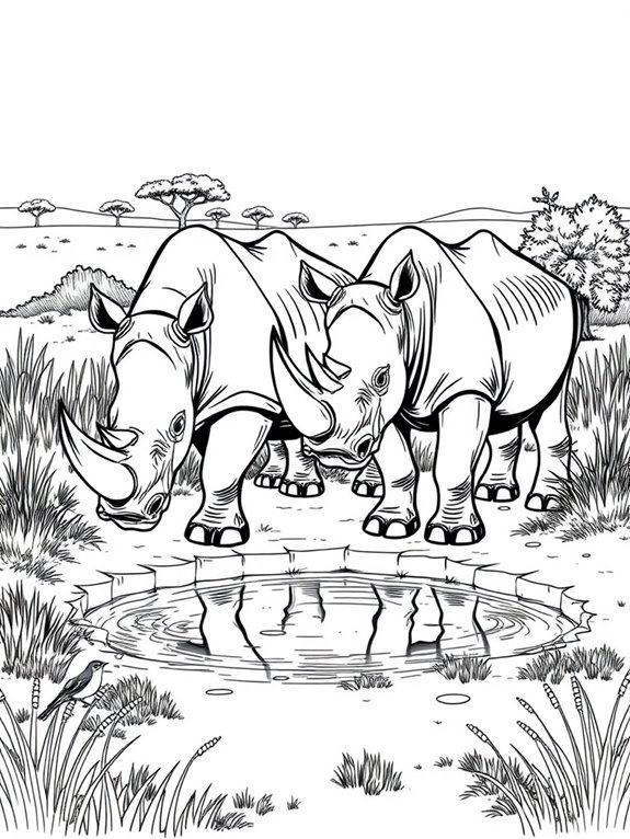 rhinos drinking at waterhole