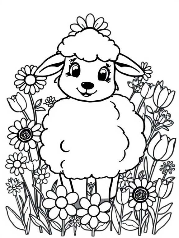 sheep surrounded by flowers