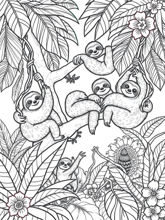 sloths in jungle line art