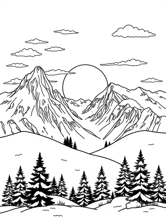 snowy mountain sunset scene