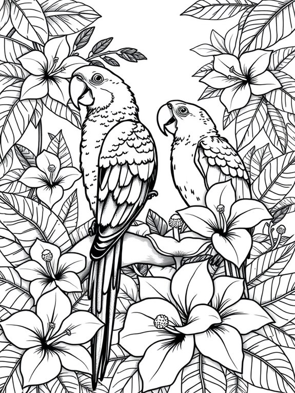 tropical parrots and flowers