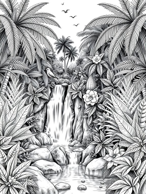 tropical waterfall coloring page