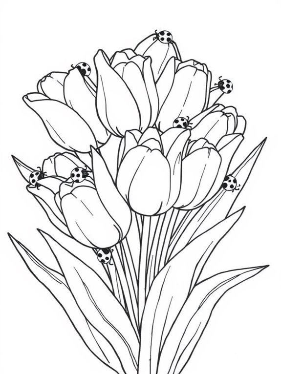 tulips and ladybugs coloring page